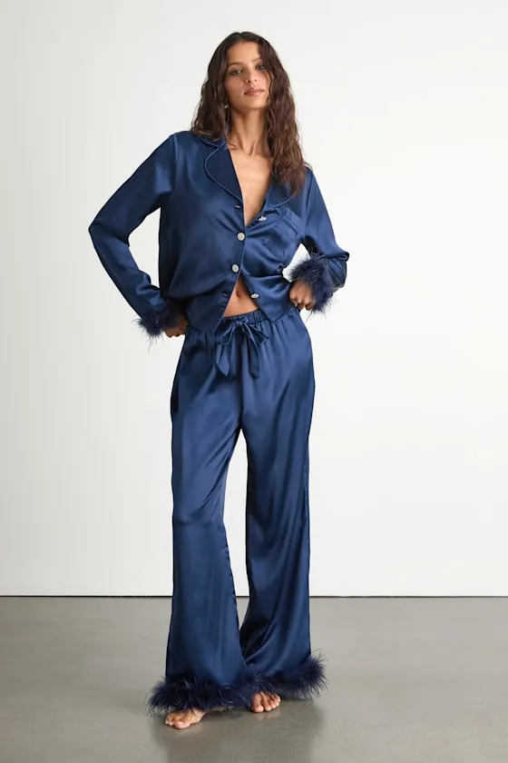 Dreamiest Delight Dark Blue Satin Feather Two-Piece Pajama Set sold by Lulus