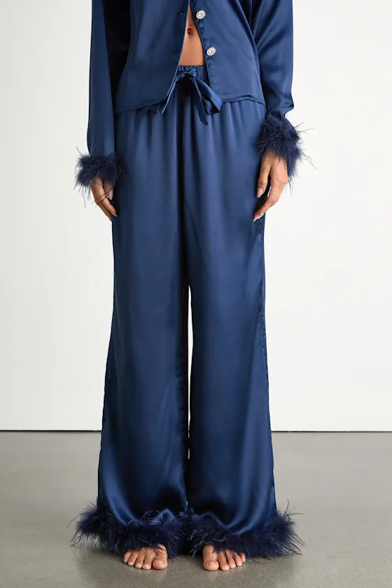 Dreamiest Delight Dark Blue Satin Feather Two-Piece Pajama Set sold by Lulus product image thumbnail 3