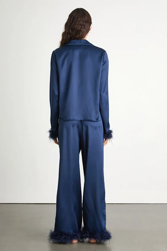 Dreamiest Delight Dark Blue Satin Feather Two-Piece Pajama Set sold by Lulus product image thumbnail 4