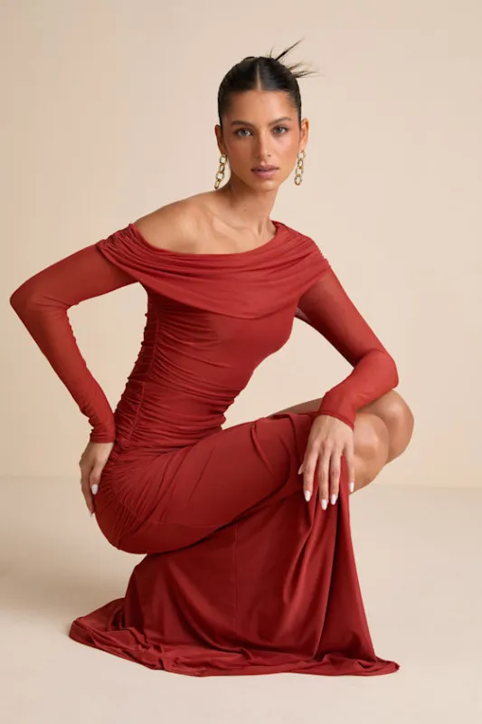 Darla Rust Red Mesh One-Shoulder Long Sleeve Maxi Dress sold by Lulus