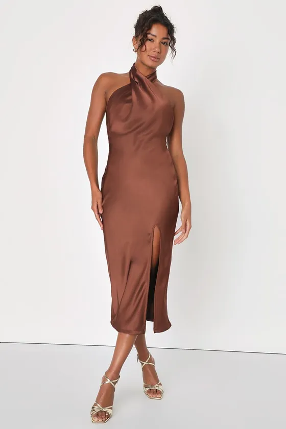 Beyond Classy Brown Satin Halter Midi Dress sold by Lulus