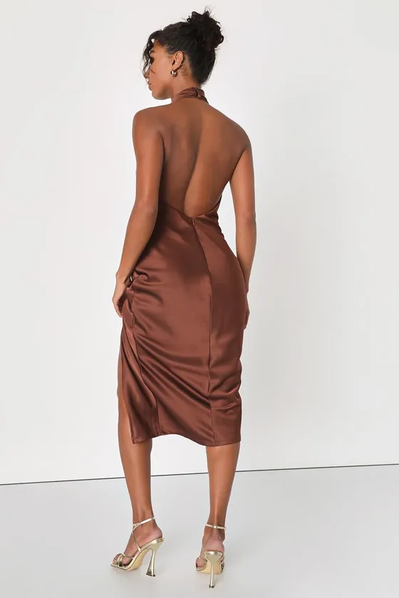 Beyond Classy Brown Satin Halter Midi Dress sold by Lulus product image thumbnail 2