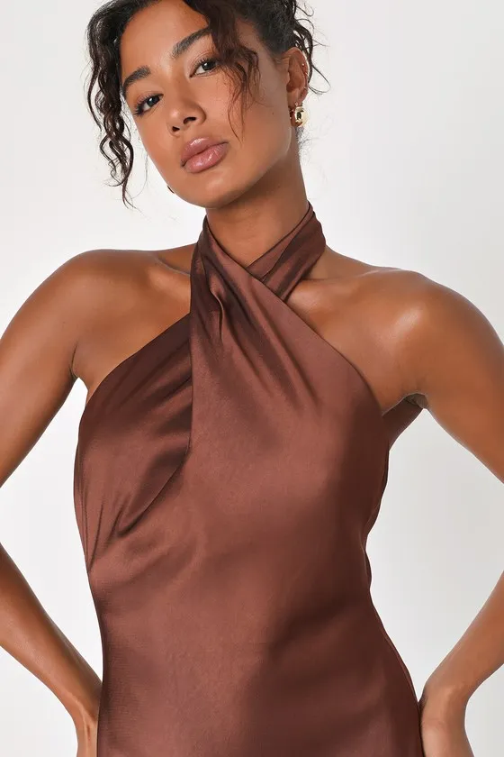 Beyond Classy Brown Satin Halter Midi Dress sold by Lulus product image thumbnail 3