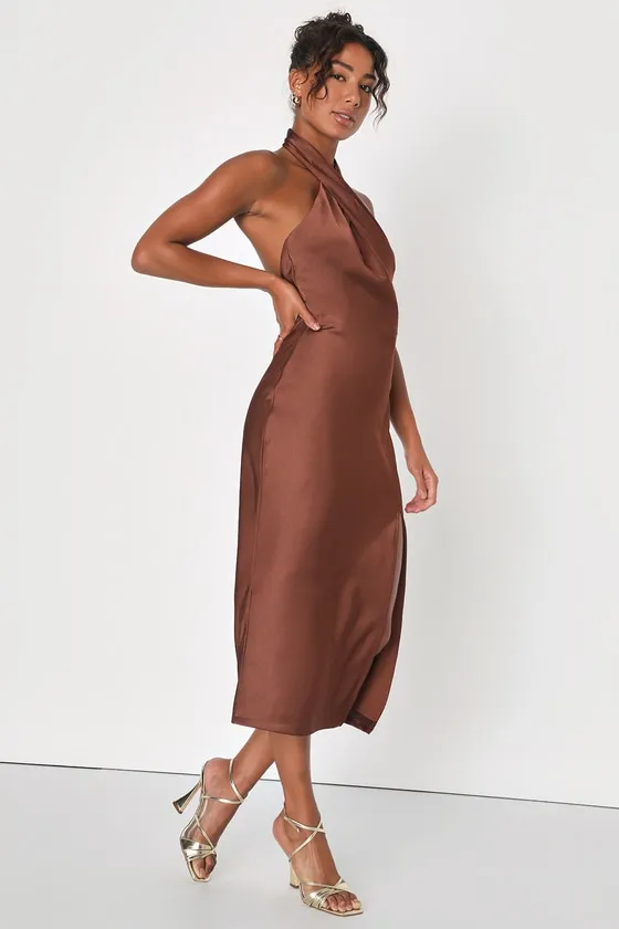 Beyond Classy Brown Satin Halter Midi Dress sold by Lulus product image thumbnail 4