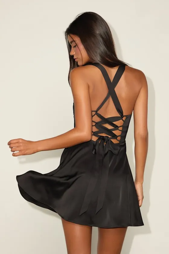 Admirably Chic Black Satin Lace-Up Mini Dress With Pocket sold by Lulus product image thumbnail 4