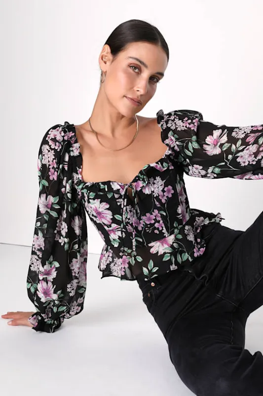 Masterful Muse Black Floral Print Ruffled Long Sleeve Top sold by Lulus