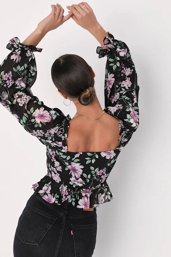 Masterful Muse Black Floral Print Ruffled Long Sleeve Top sold by Lulus product image thumbnail 2
