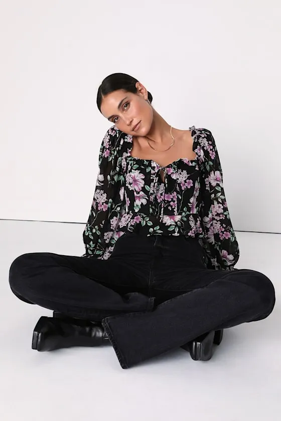 Masterful Muse Black Floral Print Ruffled Long Sleeve Top sold by Lulus product image thumbnail 4