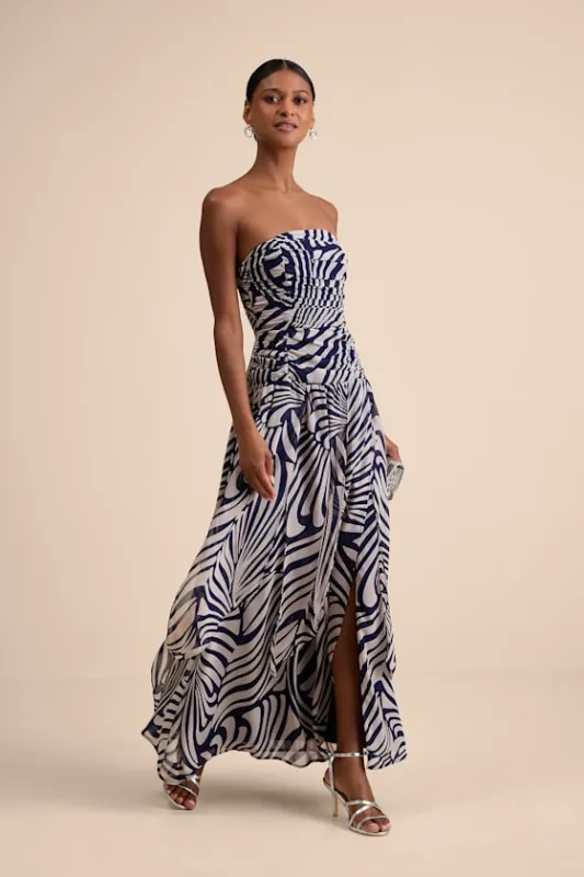 Calista Navy Print Ruched Drop Waist Maxi Dress sold by Lulus