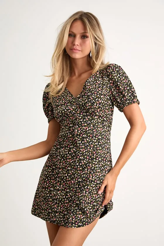 Adored Cutie Navy Floral Corduroy Button-Front Mini Dress sold by Lulus product image thumbnail 4