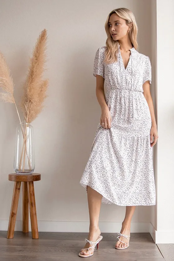 Flourish With Me White Floral Print Tiered Midi Dress sold by Lulus