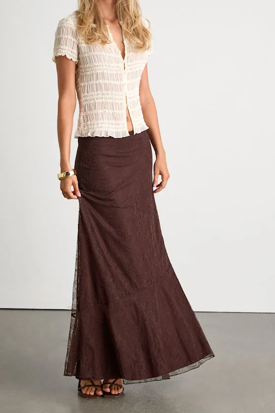 Coralia Dark Brown Seamed Lace Maxi Skirt sold by Lulus product image thumbnail 2