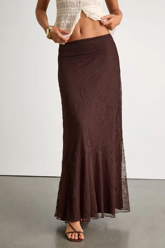 Coralia Dark Brown Seamed Lace Maxi Skirt sold by Lulus product image thumbnail 3