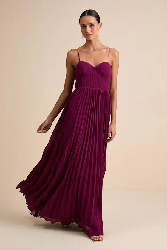 Admirable Elegance Plum Pleated Bustier Maxi Dress sold by Lulus