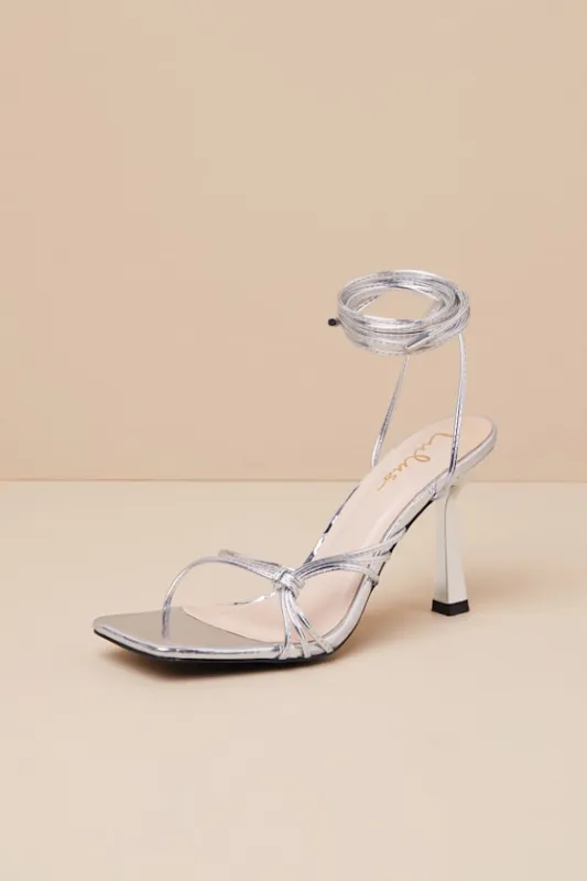 Atlee Silver Knotted Lace-Up High Heel Sandals sold by Lulus