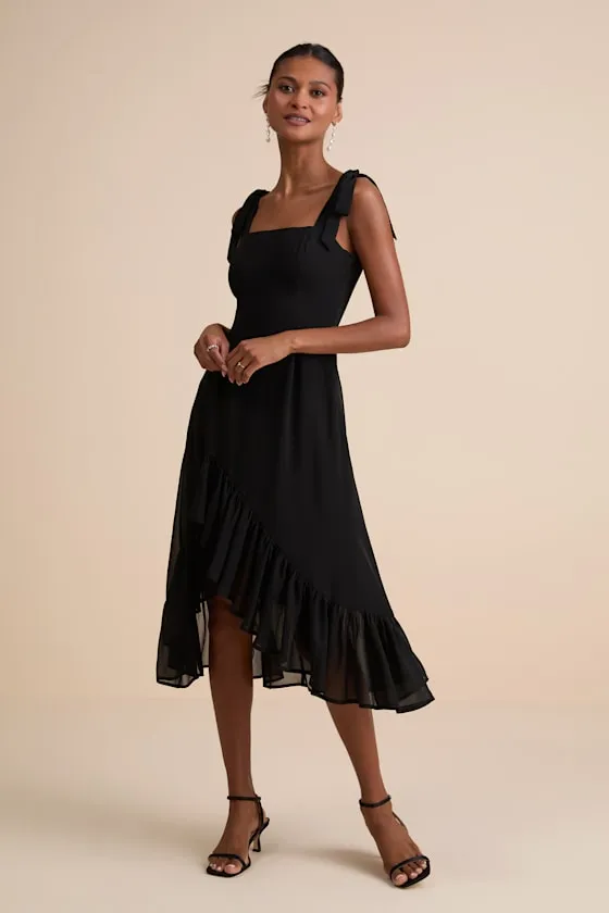 Tamryn Black Asymmetrical Ruffled Midi Dress sold by Lulus