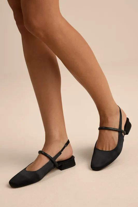 Clea Black Satin Rhinestone Slingback Flats sold by Lulus
