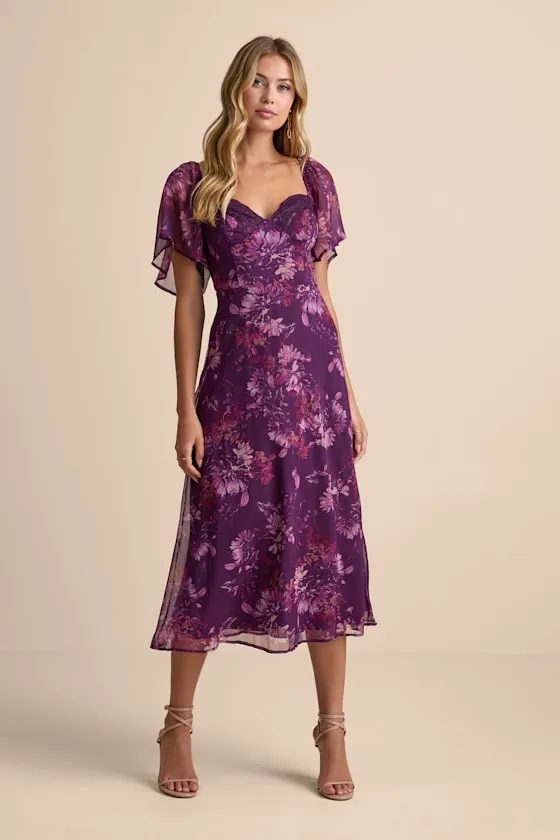 Valla Purple Floral Flutter Sleeve Midi Dress sold by Lulus product image thumbnail 2