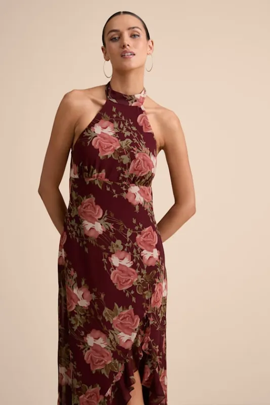 Elegant Entrance Wine Red Floral Print Halter Maxi Dress sold by Lulus