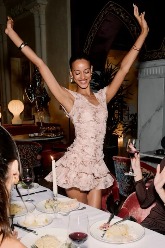 Romanette Blush Floral Mesh Off-the-Shoulder Tiered Mini Dress sold by Lulus