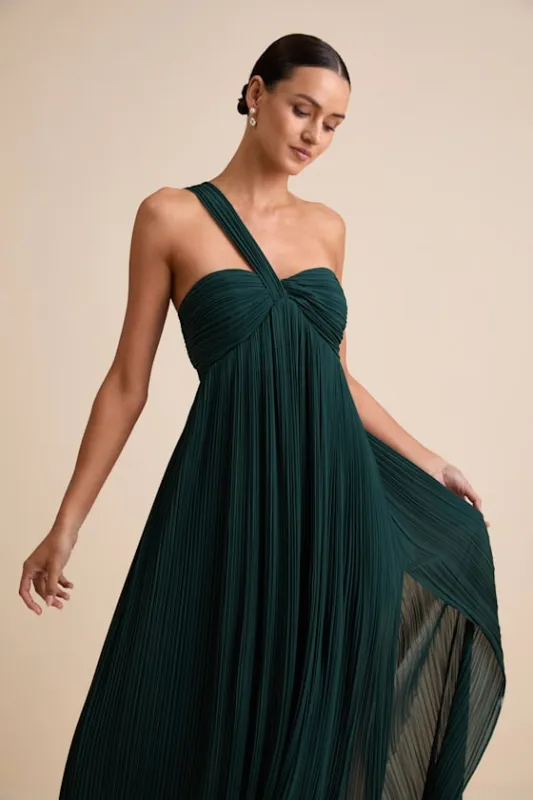 Cayton Emerald Pleated One-Shoulder Maxi Dress sold by Lulus