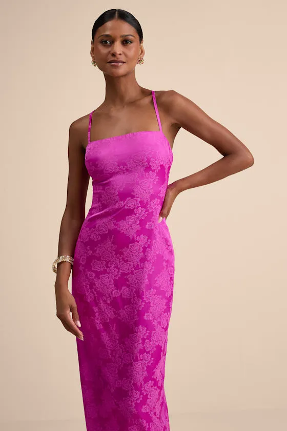 Merrion Magenta Satin Lace-Up Maxi Dress sold by Lulus