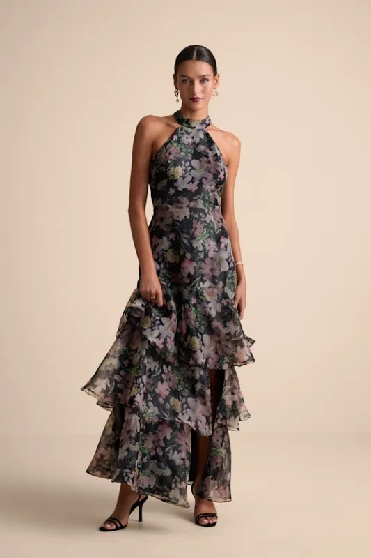 Forever Exceptional Black Floral Halter Organza Maxi Dress sold by Lulus