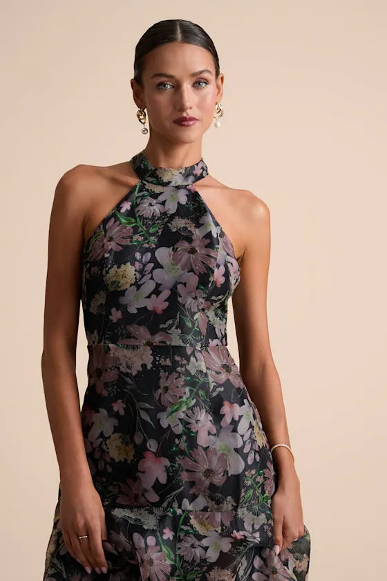 Forever Exceptional Black Floral Halter Organza Maxi Dress sold by Lulus product image thumbnail 2