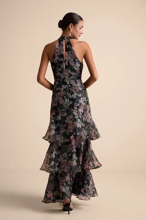 Forever Exceptional Black Floral Halter Organza Maxi Dress sold by Lulus product image thumbnail 3