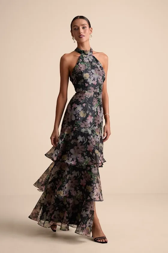 Forever Exceptional Black Floral Halter Organza Maxi Dress sold by Lulus product image thumbnail 4