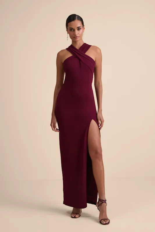 Head to Cocktail Hour Burgundy Halter Neck Maxi Dress sold by Lulus