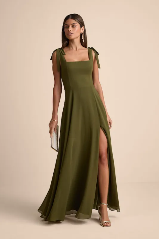 Love Me Forever Olive Green Tie-Strap Square Neck Maxi Dress sold by Lulus