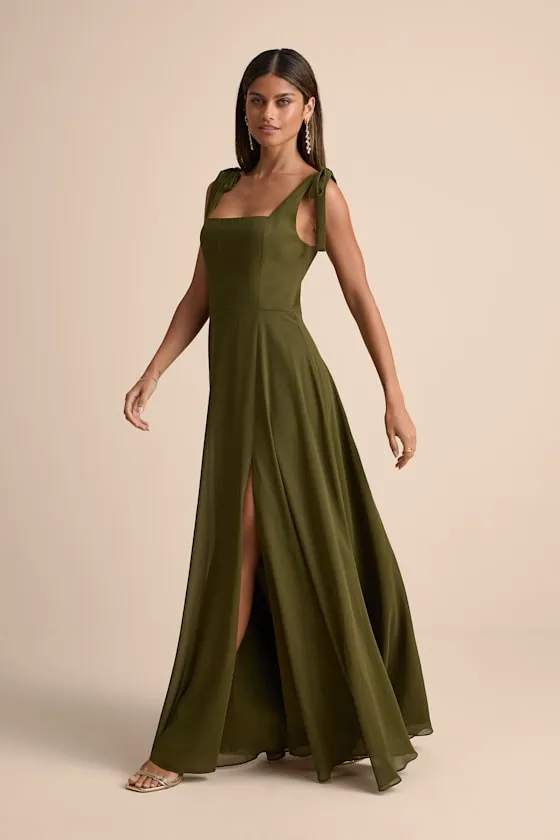 Love Me Forever Olive Green Tie-Strap Square Neck Maxi Dress sold by Lulus product image thumbnail 4