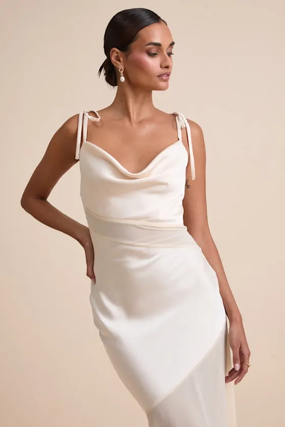 Enara Cream Satin Mesh Tie-Strap Asymmetrical Midi Dress sold by Lulus