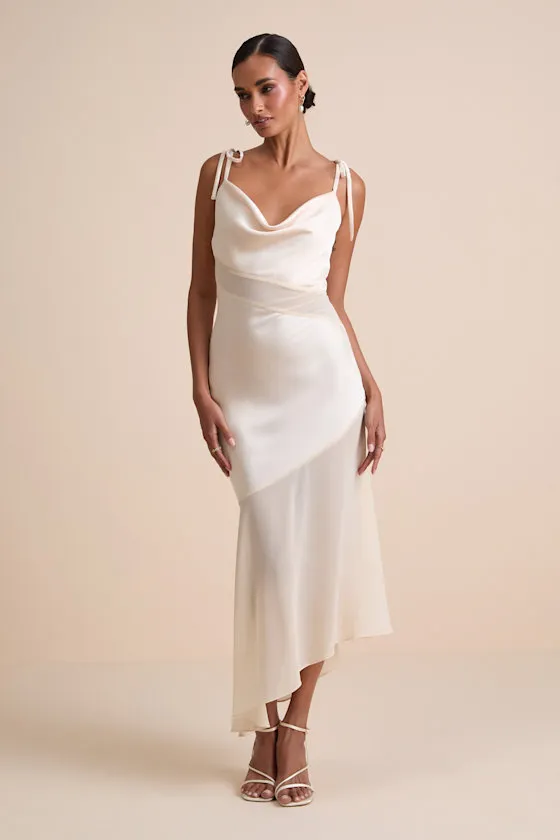 Enara Cream Satin Mesh Tie-Strap Asymmetrical Midi Dress sold by Lulus product image thumbnail 2