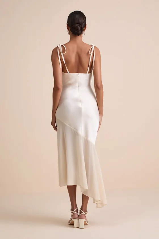 Enara Cream Satin Mesh Tie-Strap Asymmetrical Midi Dress sold by Lulus product image thumbnail 3