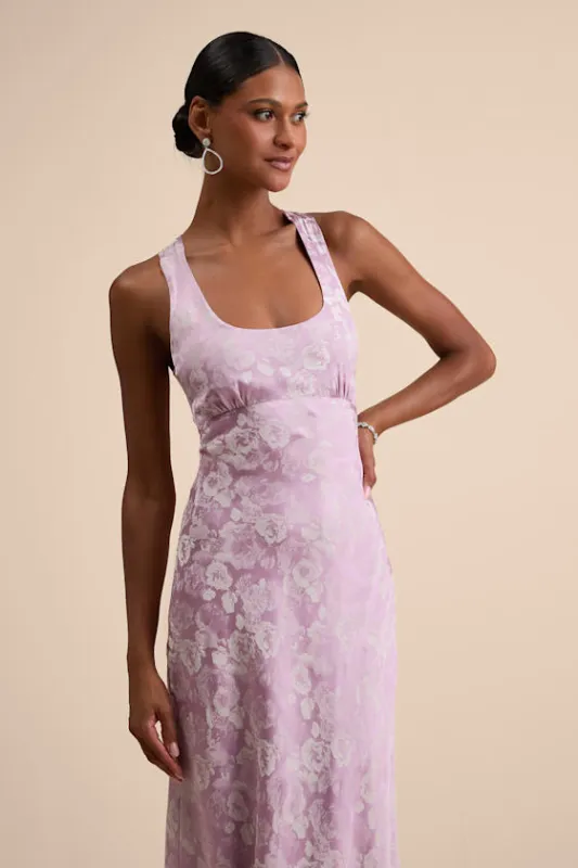 Liliya Lavender Satin Jacquard Backless Maxi Dress sold by Lulus