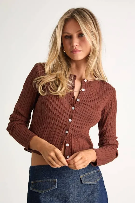 Marylu Brown Cable Knit Cardigan Sweater Top sold by Lulus