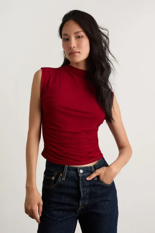 Avaina Wine Red Slinky Knit Ruched Mock Neck Sleeveless Top sold by Lulus