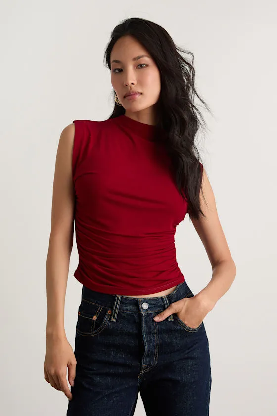 Avaina Wine Red Slinky Knit Ruched Mock Neck Sleeveless Top sold by Lulus