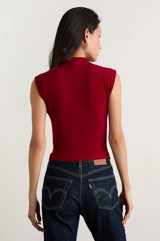 Avaina Wine Red Slinky Knit Ruched Mock Neck Sleeveless Top sold by Lulus product image thumbnail 3