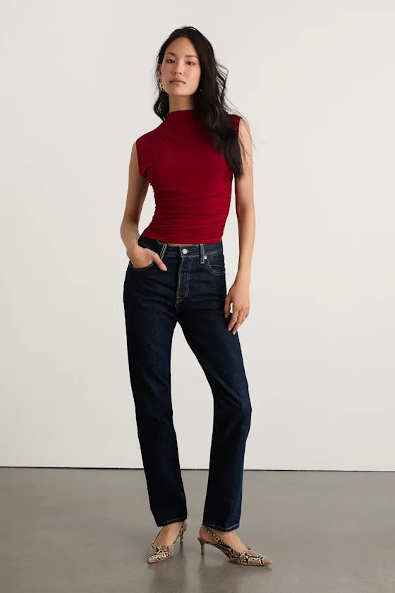 Avaina Wine Red Slinky Knit Ruched Mock Neck Sleeveless Top sold by Lulus product image thumbnail 4