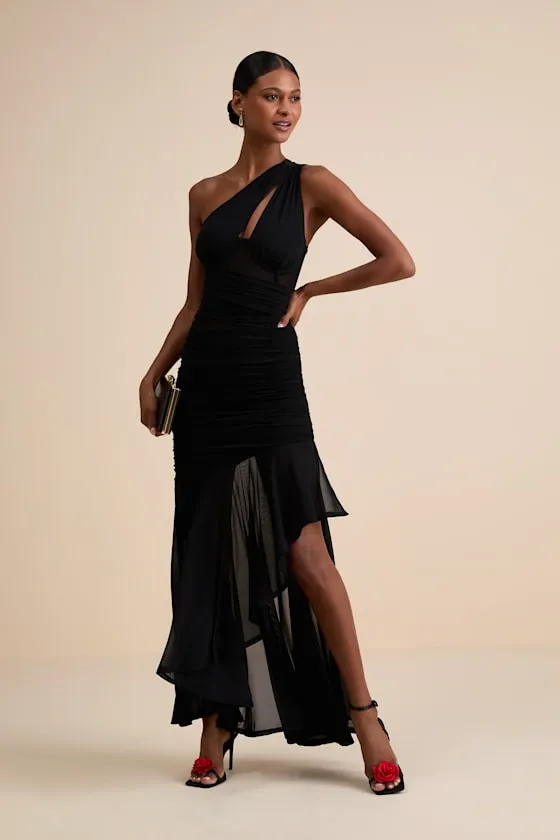 Marcellina Black Mesh Ruched One-Shoulder Maxi Dress sold by Lulus product image thumbnail 2