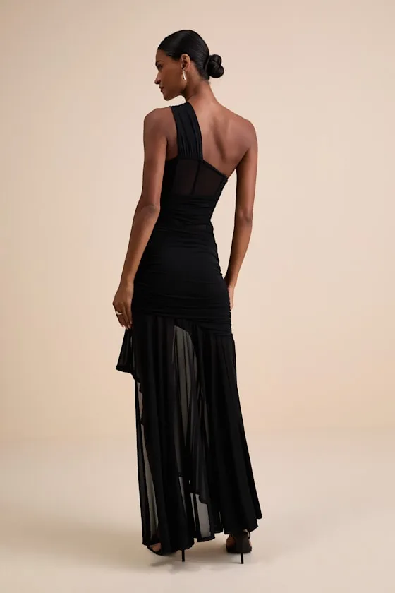 Marcellina Black Mesh Ruched One-Shoulder Maxi Dress sold by Lulus product image thumbnail 4