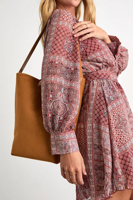 Milina Tan Vegan Suede Bucket Tote Bag sold by Lulus