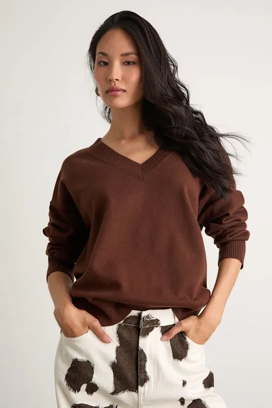 Quinee Brown V-Neckline Oversized Sweater sold by Lulus