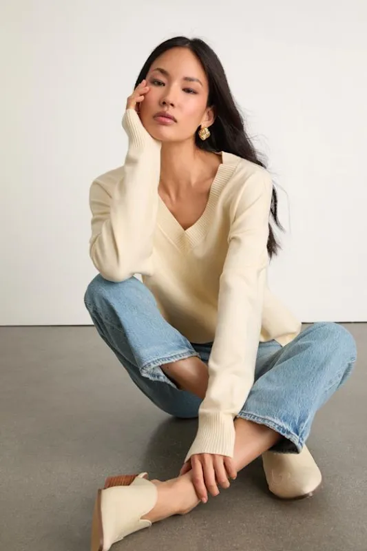 Quinee Cream V-Neckline Oversized Sweater sold by Lulus