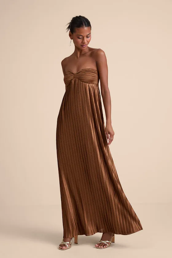 Whimsical Beauty Brown Satin Plisse Strapless Maxi Dress sold by Lulus