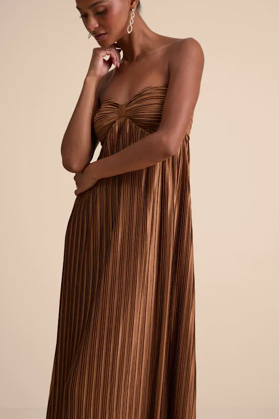 Whimsical Beauty Brown Satin Plisse Strapless Maxi Dress sold by Lulus product image thumbnail 2