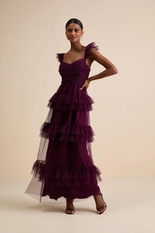 Pure Radiance Plum Purple Mesh Swiss Dot Tiered Maxi Dress sold by Lulus